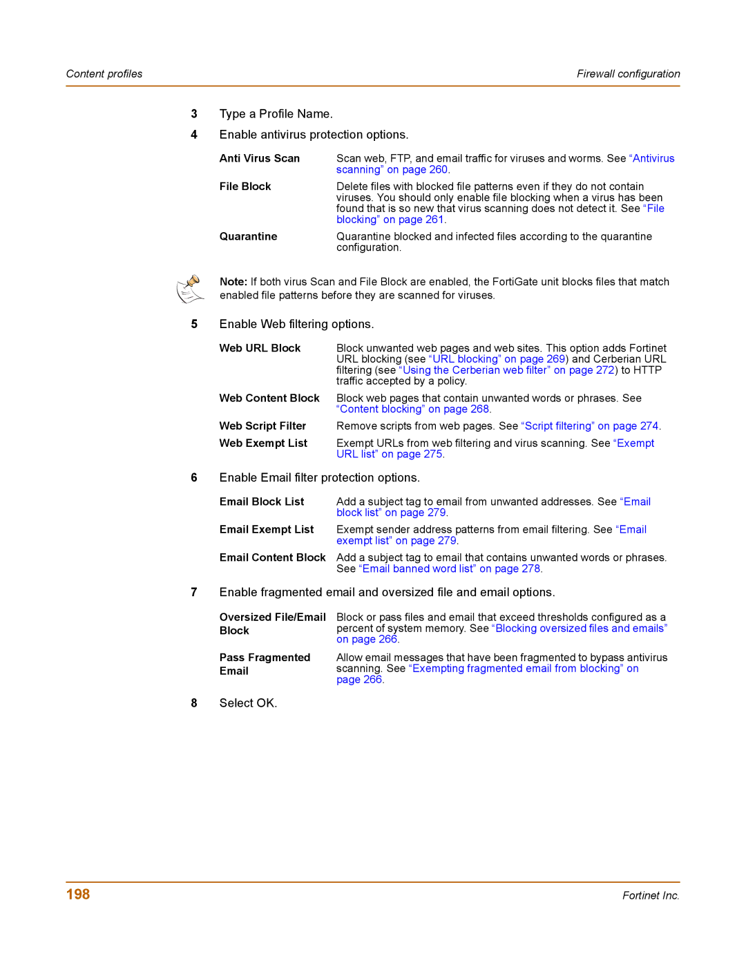 Fortinet 400 manual 198, File Block, Quarantine, Oversized File/Email Block Pass Fragmented Email 