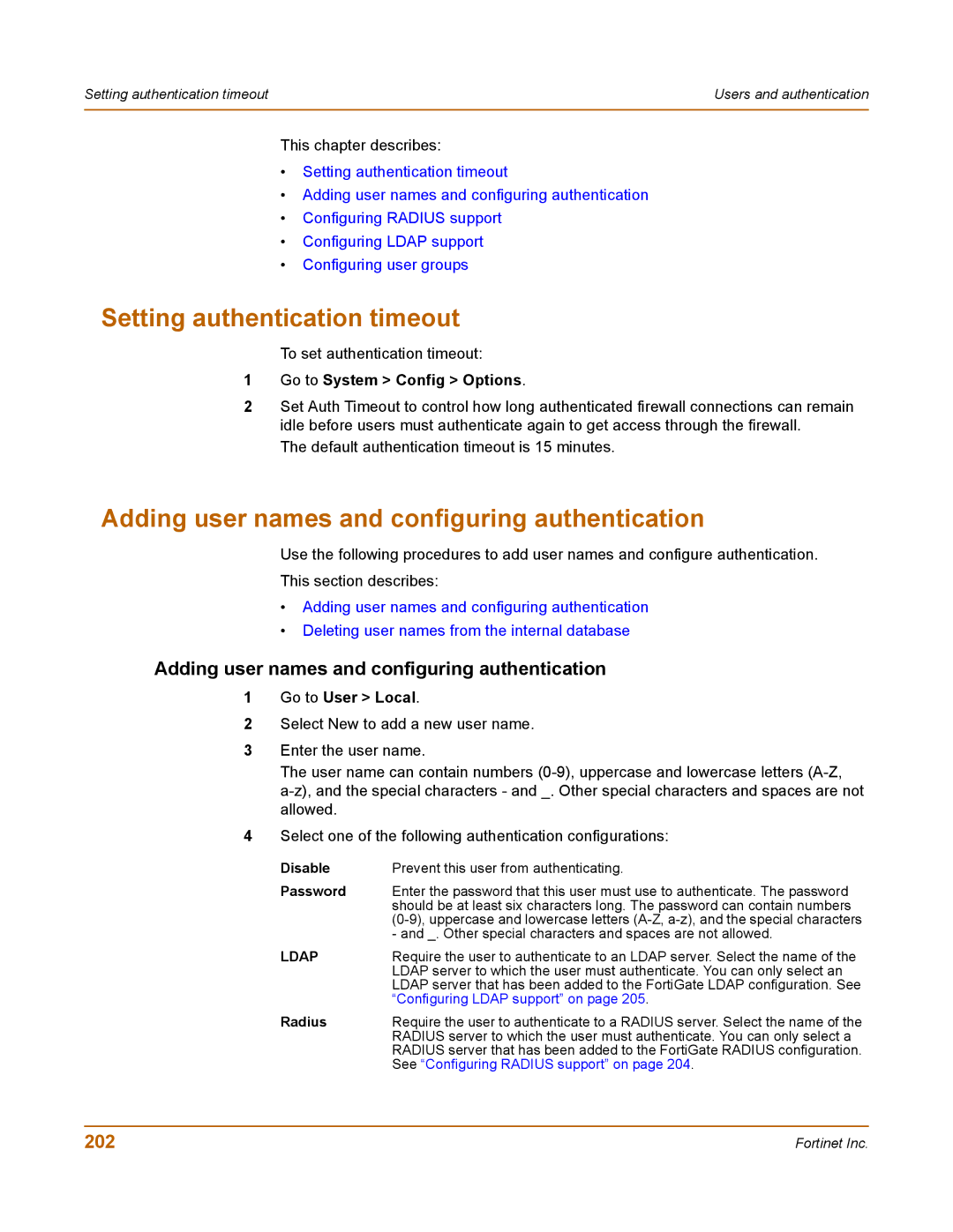 Fortinet 400 manual Setting authentication timeout, Adding user names and configuring authentication, 202 