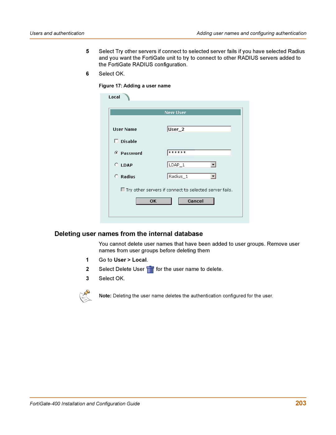 Fortinet 400 manual Deleting user names from the internal database, 203 