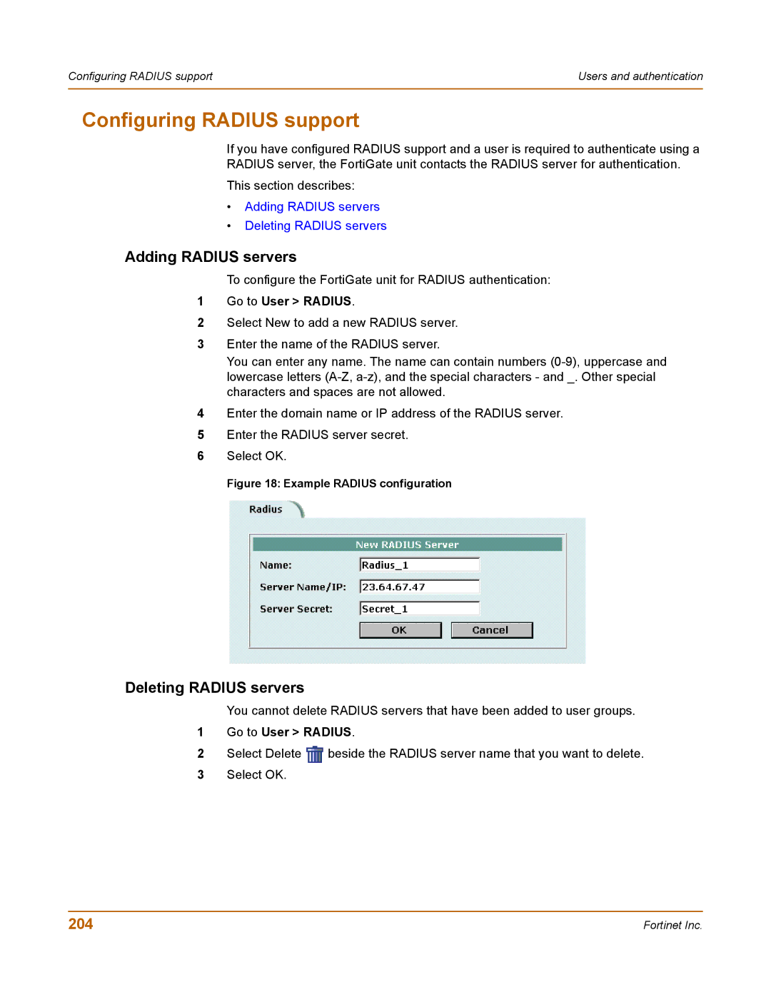 Fortinet 400 manual Configuring Radius support, Adding Radius servers, Deleting Radius servers, 204, Go to User Radius 