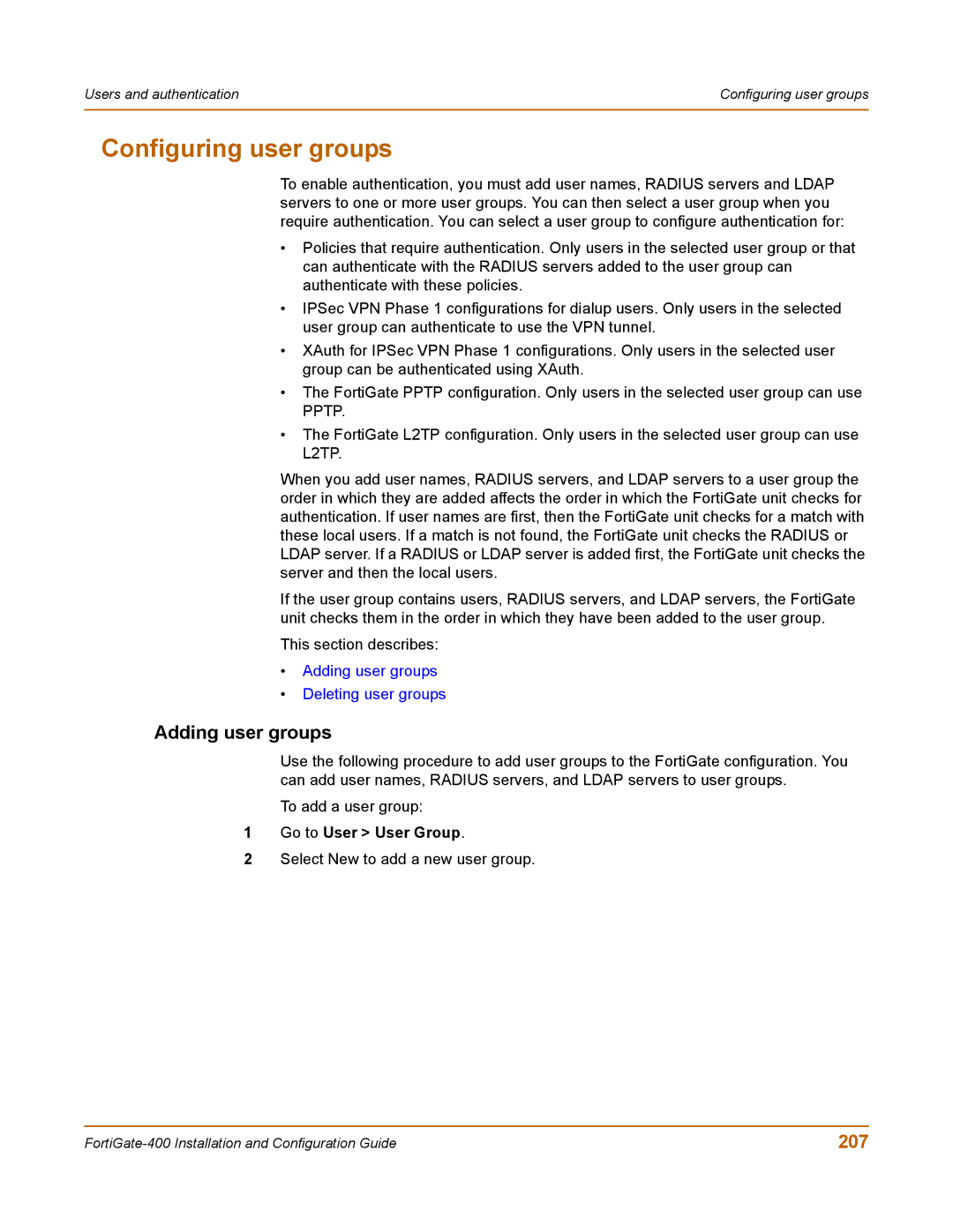 Fortinet 400 manual Configuring user groups, Adding user groups, 207, Go to User User Group 