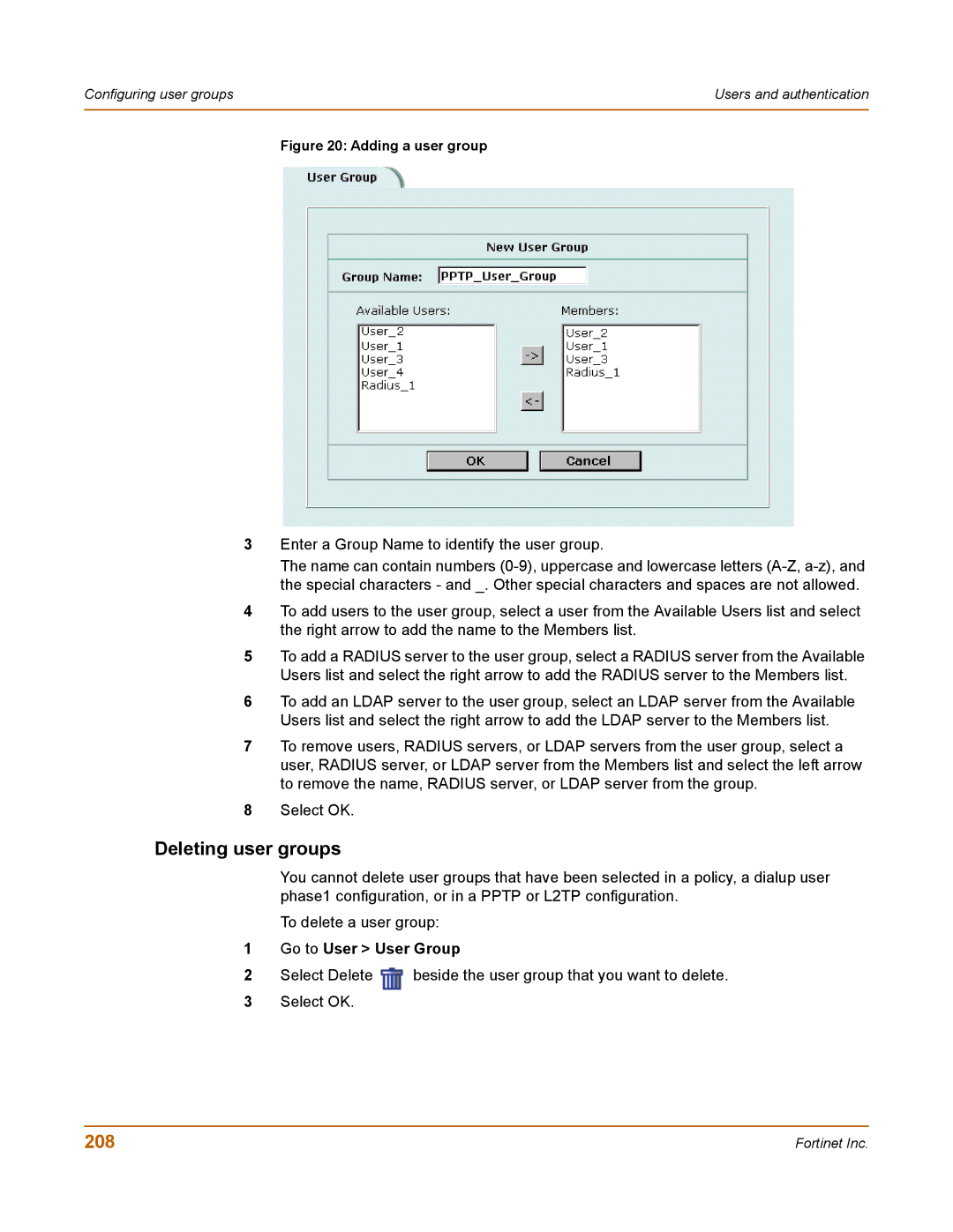 Fortinet 400 manual Deleting user groups, 208 