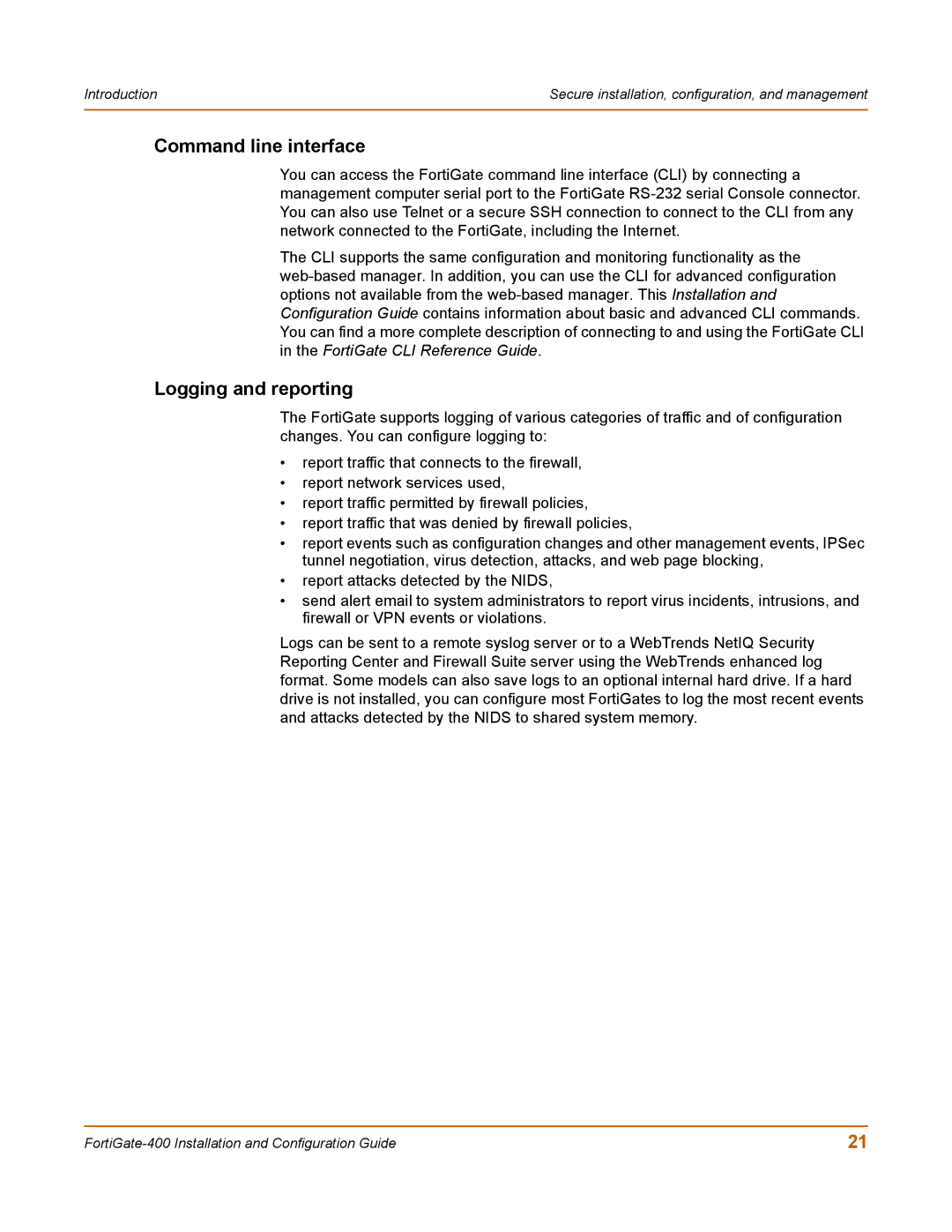 Fortinet 400 manual Command line interface, Logging and reporting 