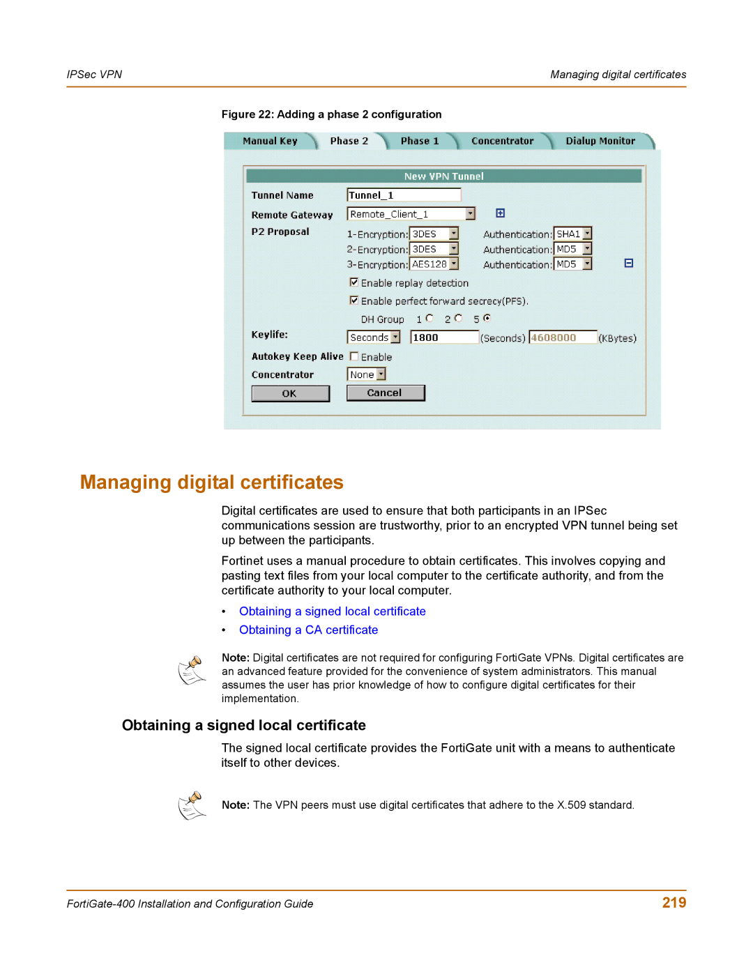 Fortinet 400 manual Managing digital certificates, Obtaining a signed local certificate, 219 