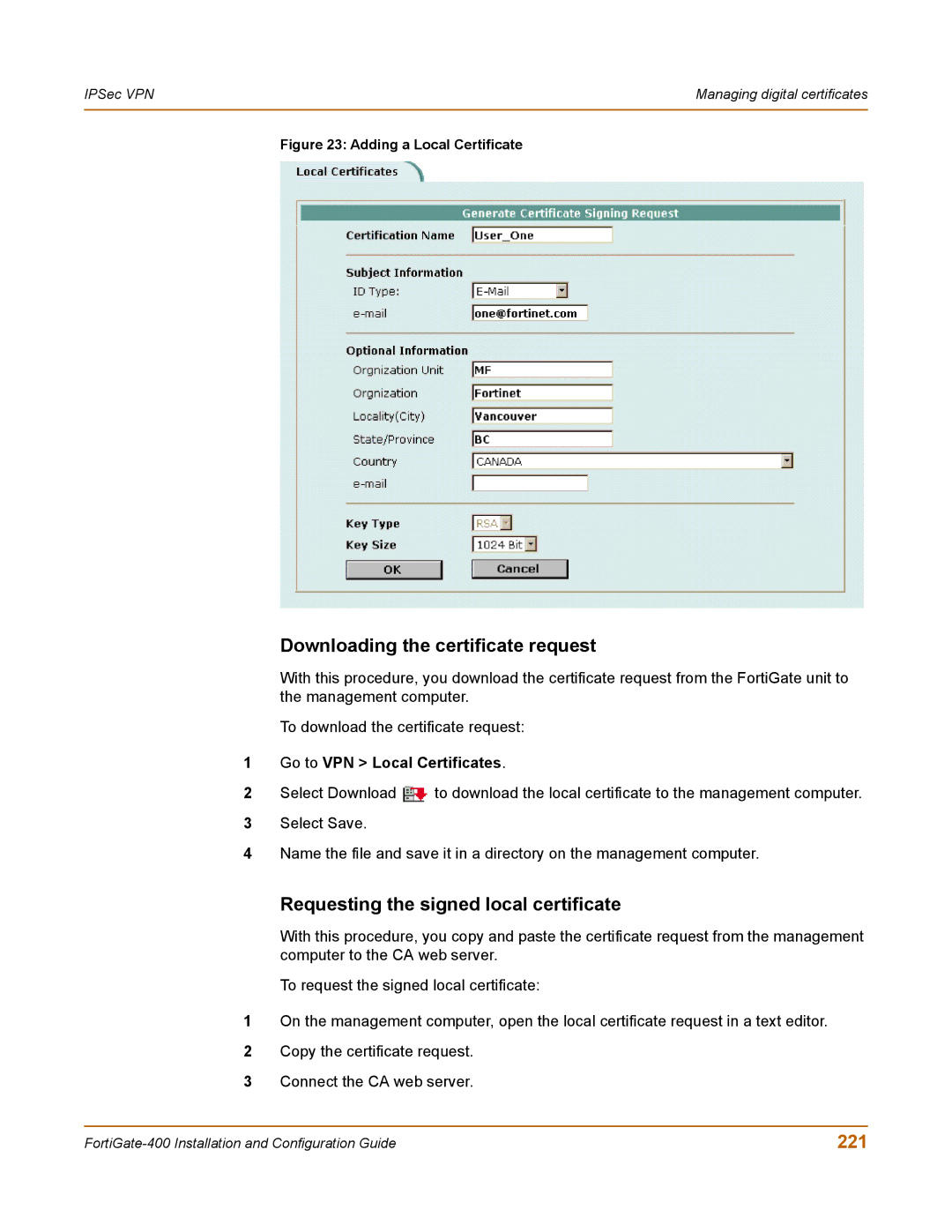 Fortinet 400 manual Downloading the certificate request, Requesting the signed local certificate, 221 