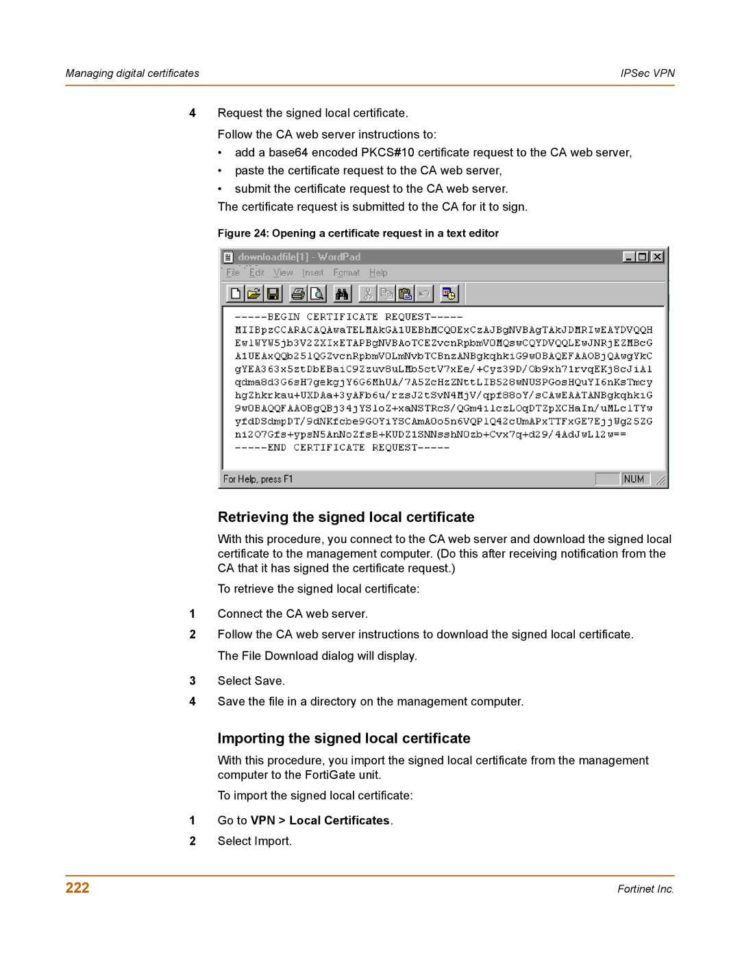 Fortinet 400 manual Retrieving the signed local certificate, Importing the signed local certificate, 222 