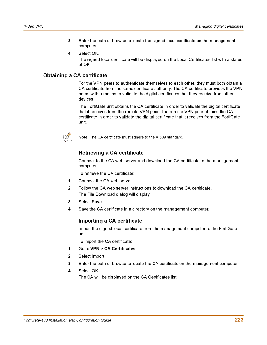 Fortinet 400 manual Obtaining a CA certificate, Retrieving a CA certificate, Importing a CA certificate, 223 