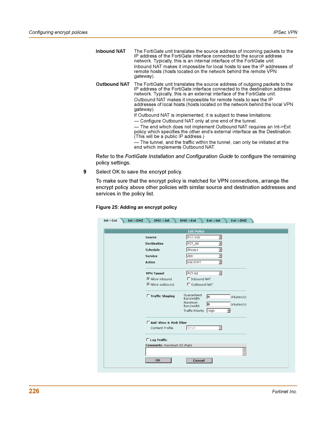 Fortinet 400 manual 226, Adding an encrypt policy 