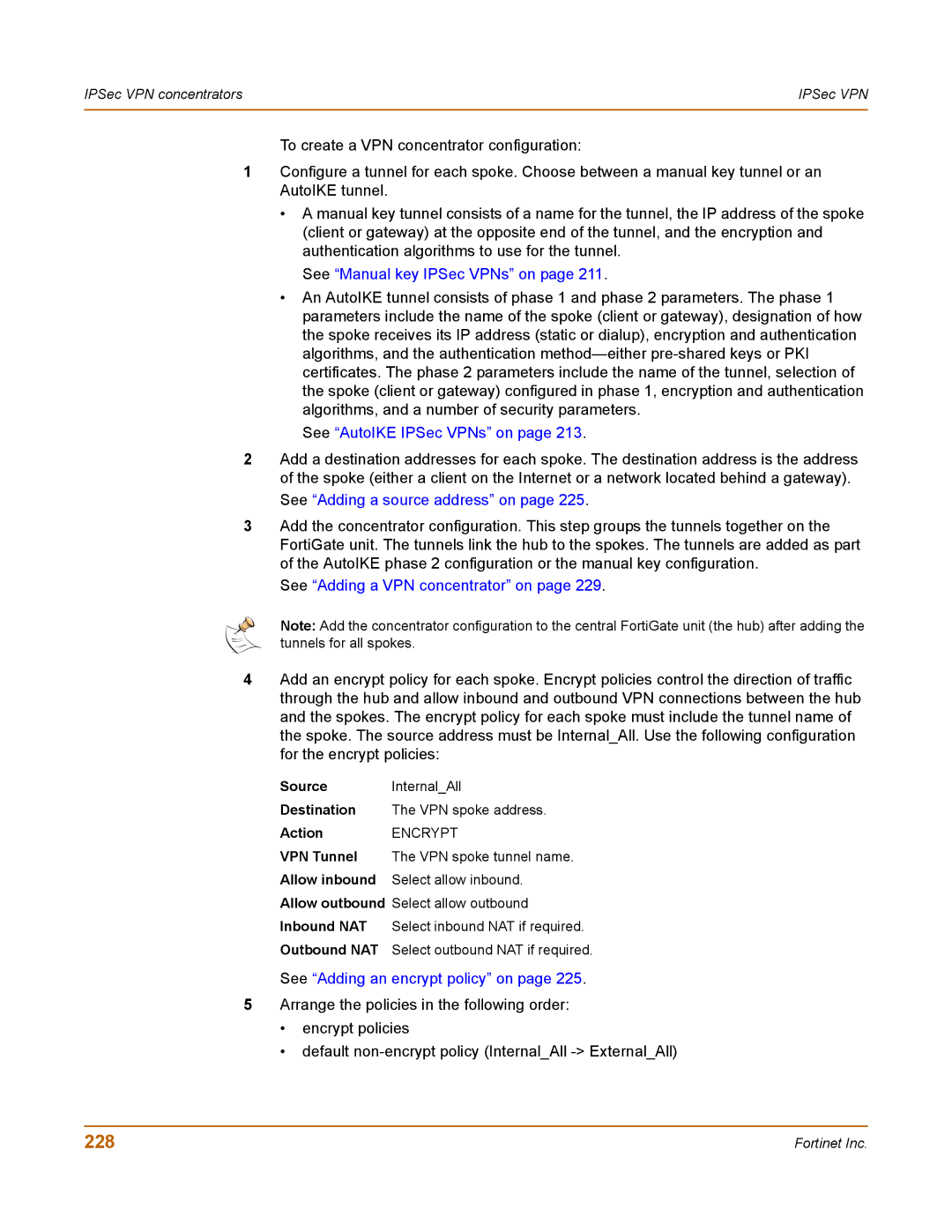 Fortinet 400 manual 228, Source InternalAll Destination VPN spoke address Action 