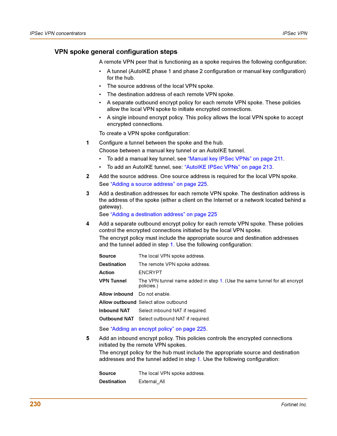 Fortinet 400 manual VPN spoke general configuration steps, 230, VPN Tunnel, Policies, Destination ExternalAll 