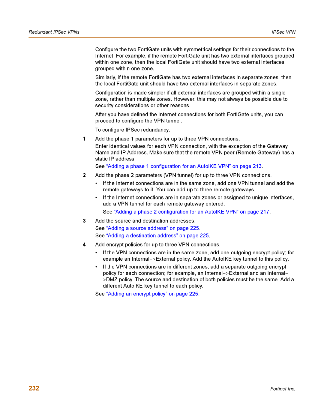 Fortinet 400 manual 232, See Adding a phase 1 configuration for an AutoIKE VPN on 