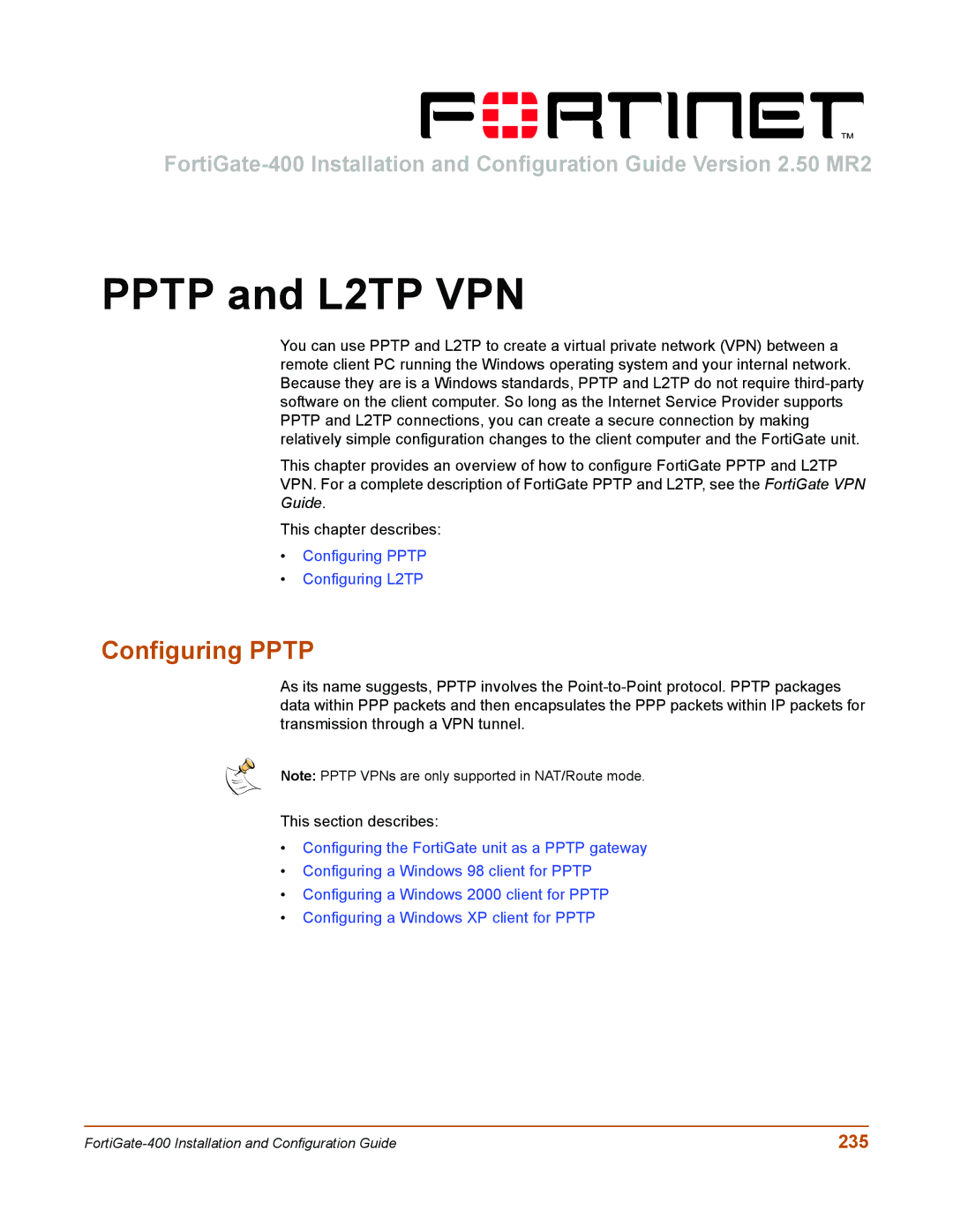 Fortinet 400 manual Pptp and L2TP VPN, Configuring Pptp, 235 