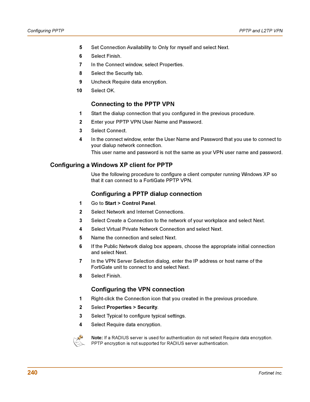 Fortinet 400 Configuring a Windows XP client for Pptp, Configuring the VPN connection, 240, Go to Start Control Panel 