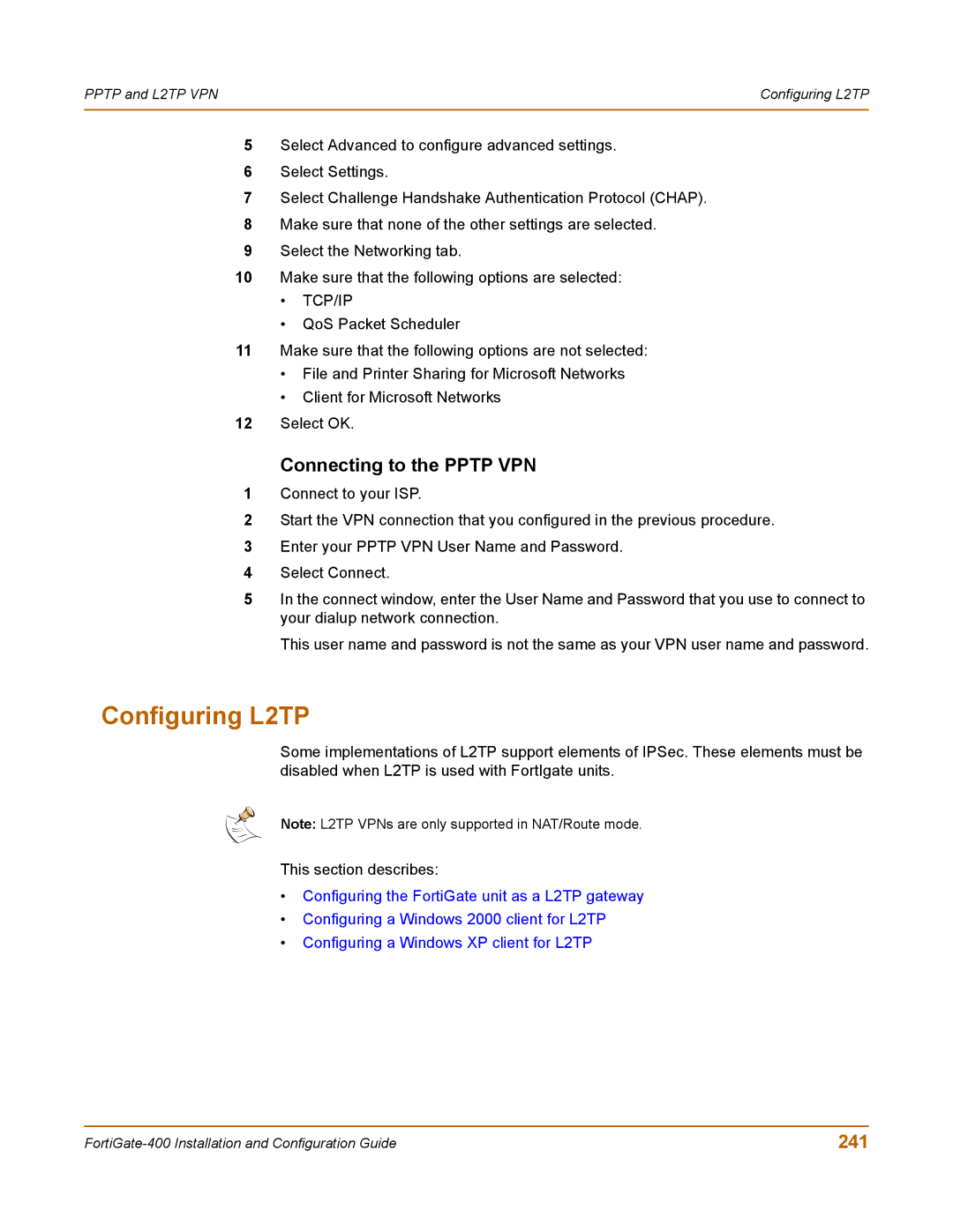 Fortinet 400 manual Configuring L2TP, 241 