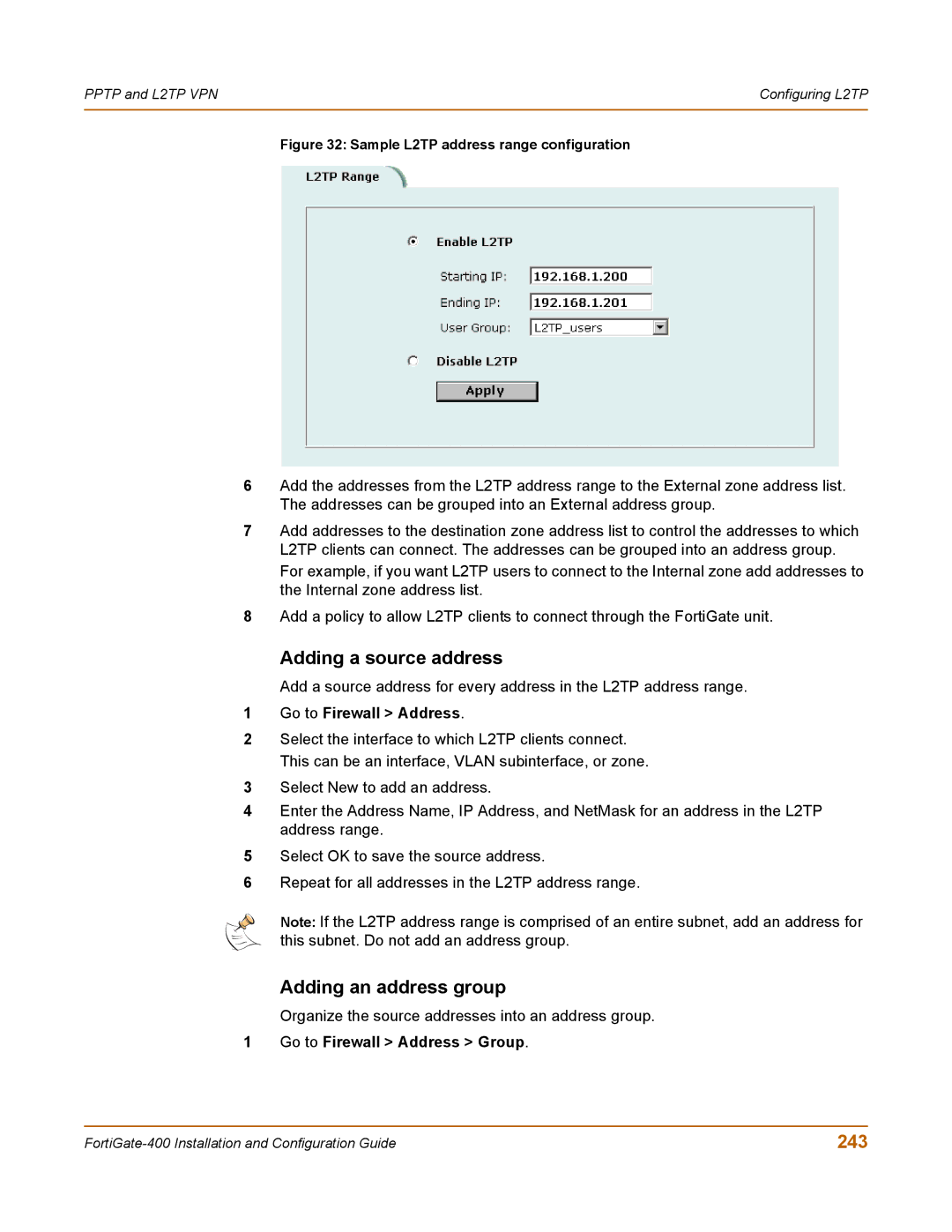 Fortinet 400 manual 243, Sample L2TP address range configuration 