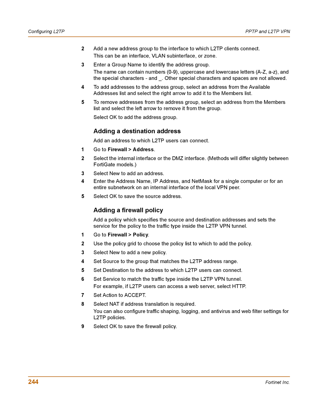 Fortinet 400 manual Adding a destination address, 244 