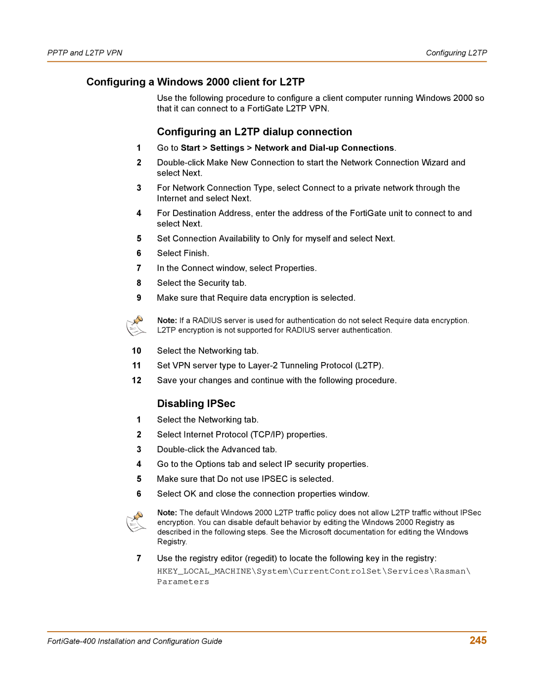 Fortinet 400 manual Configuring a Windows 2000 client for L2TP, Configuring an L2TP dialup connection, Disabling IPSec, 245 