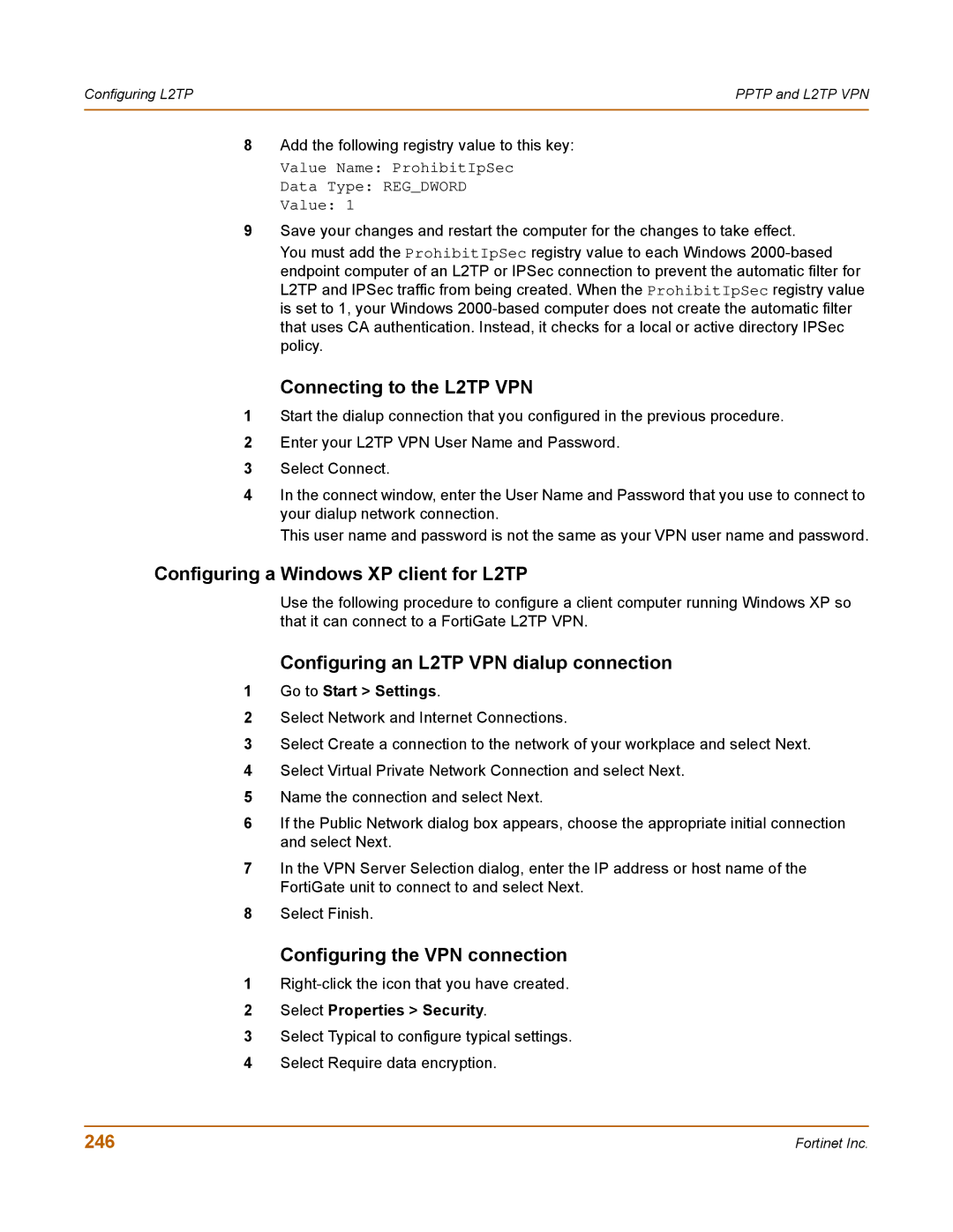 Fortinet 400 manual Connecting to the L2TP VPN, Configuring a Windows XP client for L2TP, 246, Go to Start Settings 