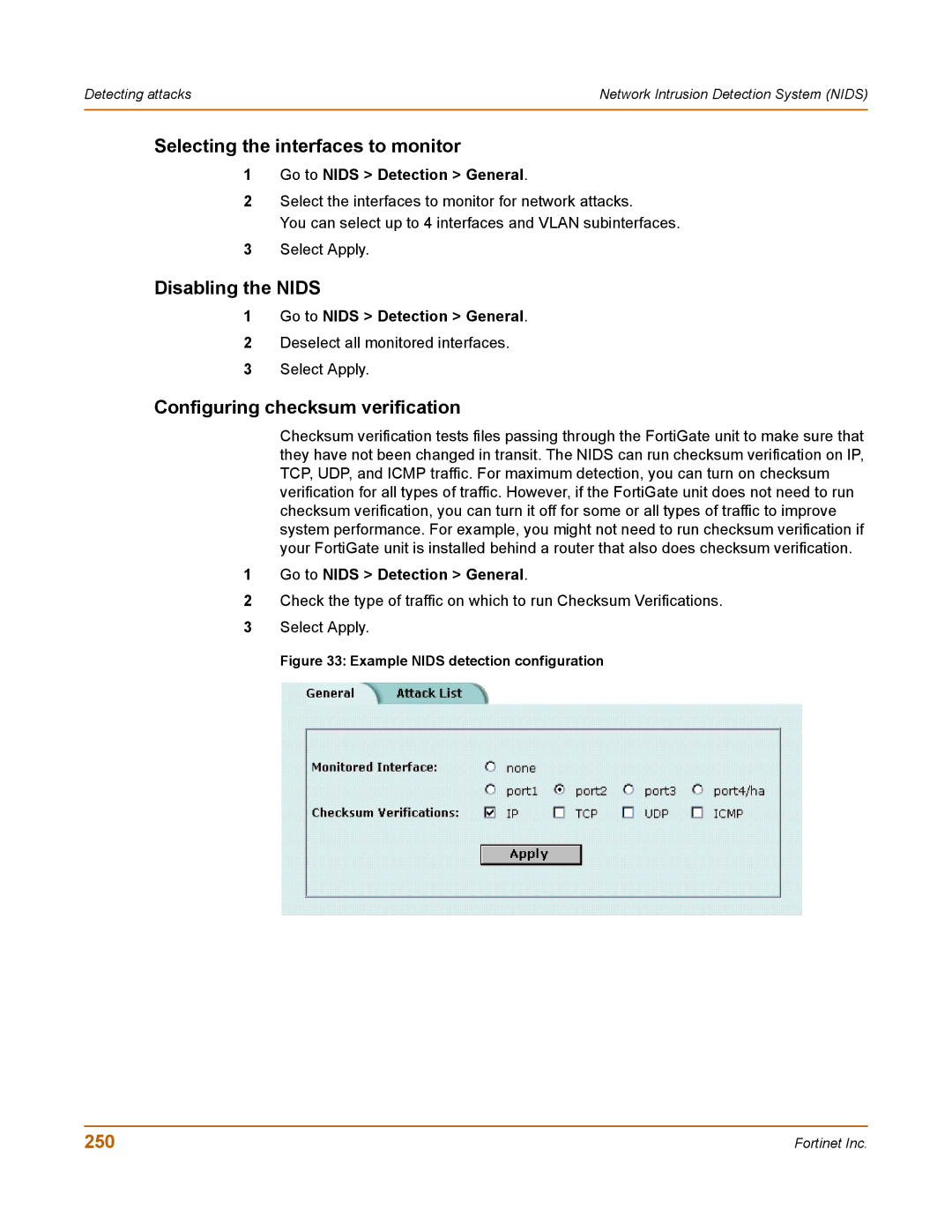 Fortinet 400 manual Selecting the interfaces to monitor, Disabling the Nids, Configuring checksum verification, 250 