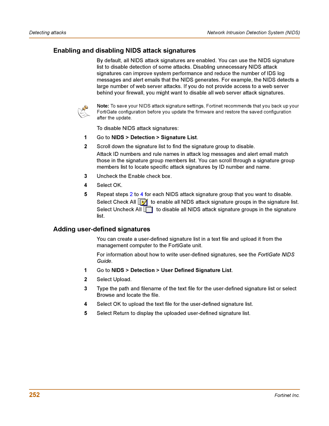 Fortinet 400 manual Enabling and disabling Nids attack signatures, Adding user-defined signatures, 252 