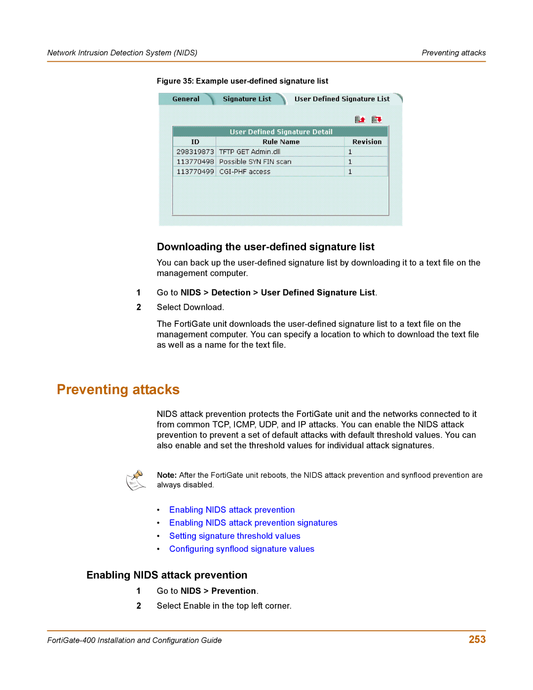 Fortinet 400 manual Preventing attacks, Downloading the user-defined signature list, Enabling Nids attack prevention, 253 