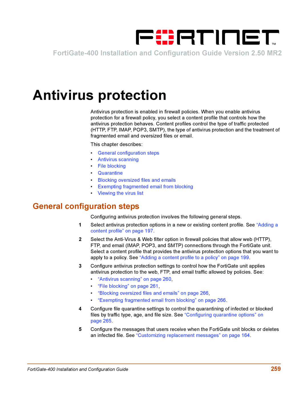 Fortinet 400 manual Antivirus protection, General configuration steps, 259 