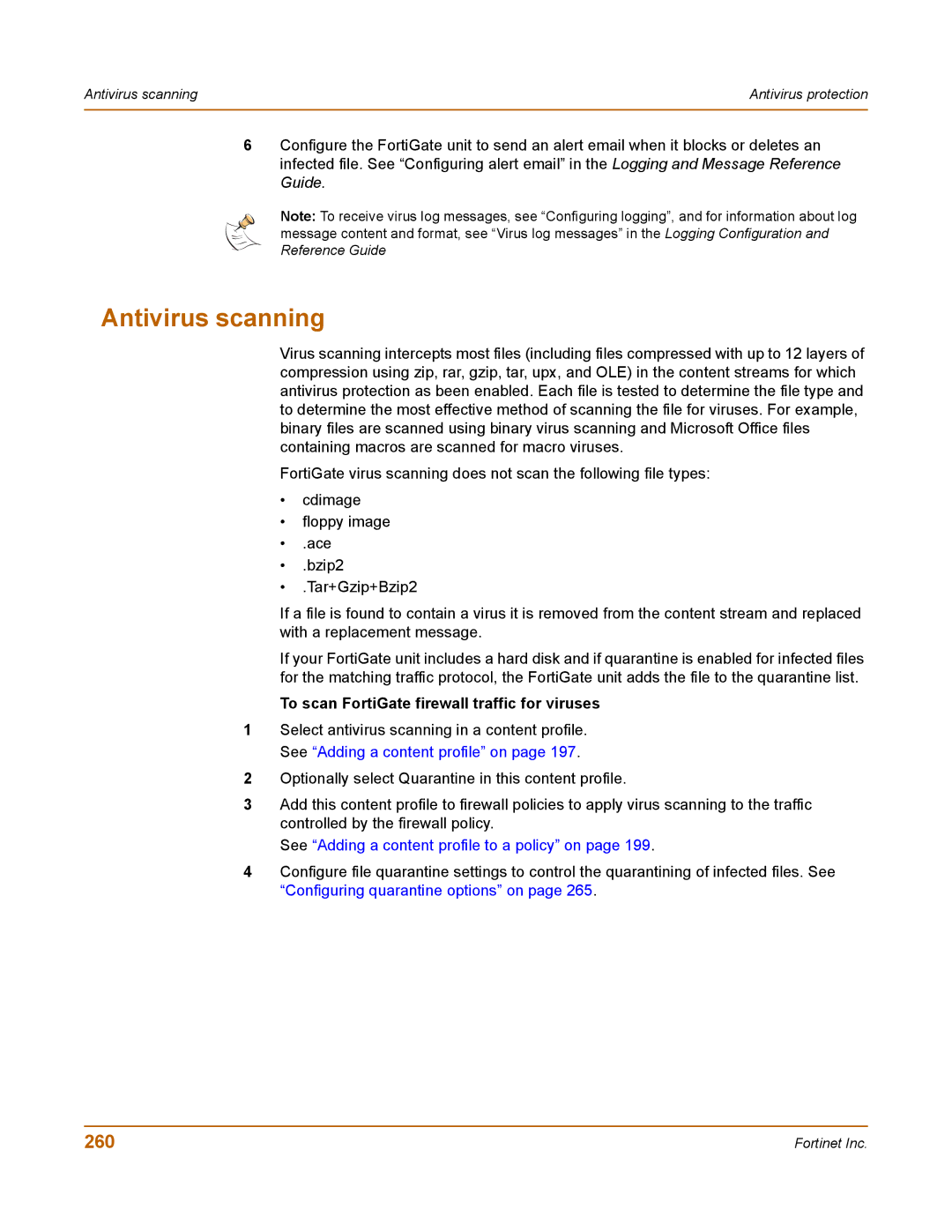 Fortinet 400 manual Antivirus scanning, 260, To scan FortiGate firewall traffic for viruses 