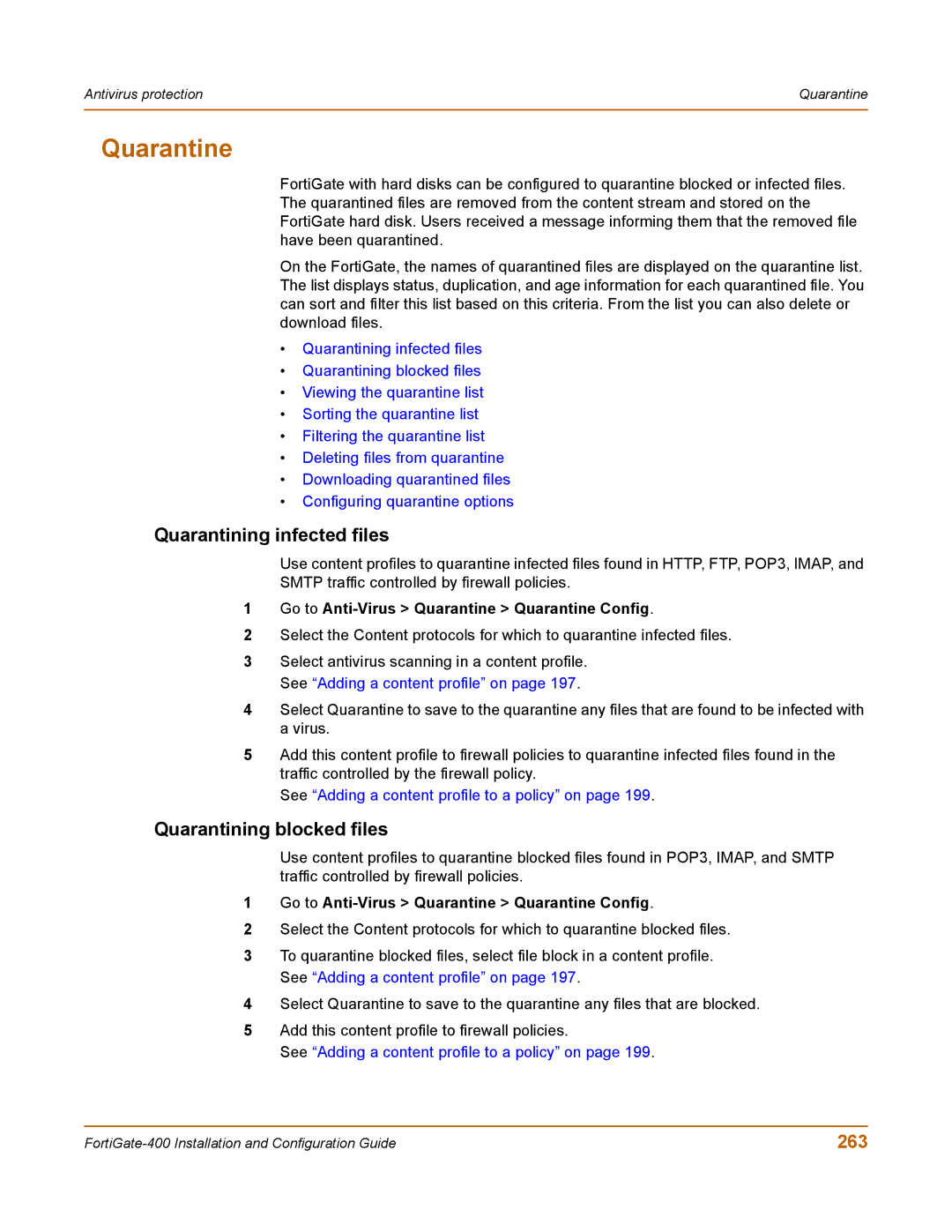 Fortinet 400 manual Quarantine, Quarantining infected files, Quarantining blocked files, 263 