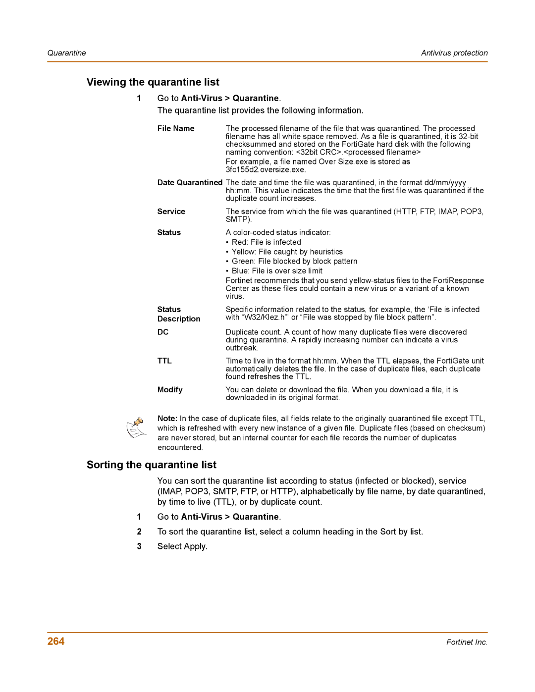 Fortinet 400 manual Viewing the quarantine list, Sorting the quarantine list, 264, Go to Anti-Virus Quarantine 