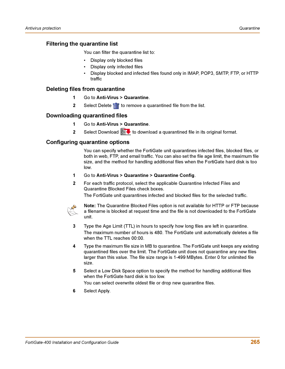 Fortinet 400 manual Filtering the quarantine list, Deleting files from quarantine, Downloading quarantined files, 265 