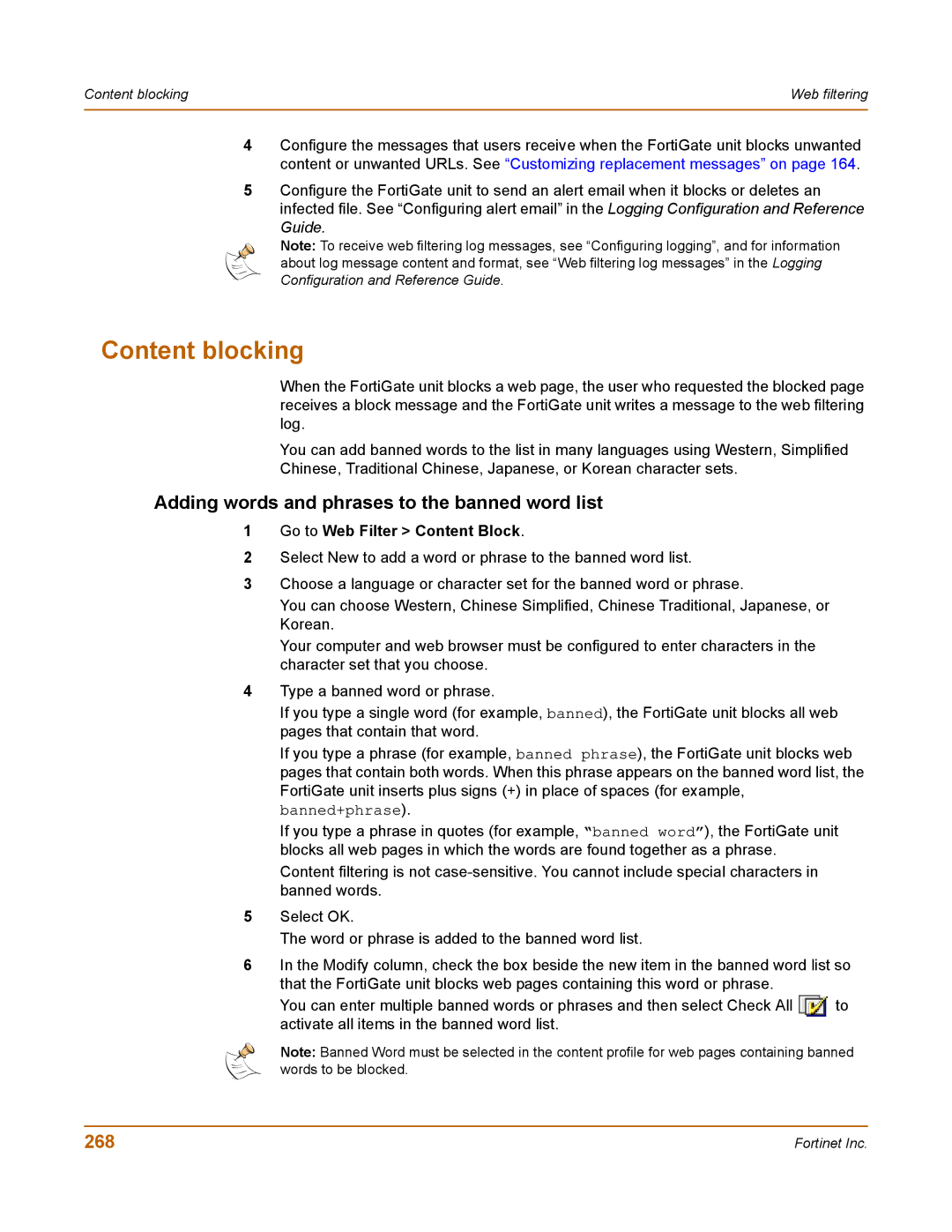 Fortinet 400 manual Content blocking, Adding words and phrases to the banned word list, 268, Go to Web Filter Content Block 