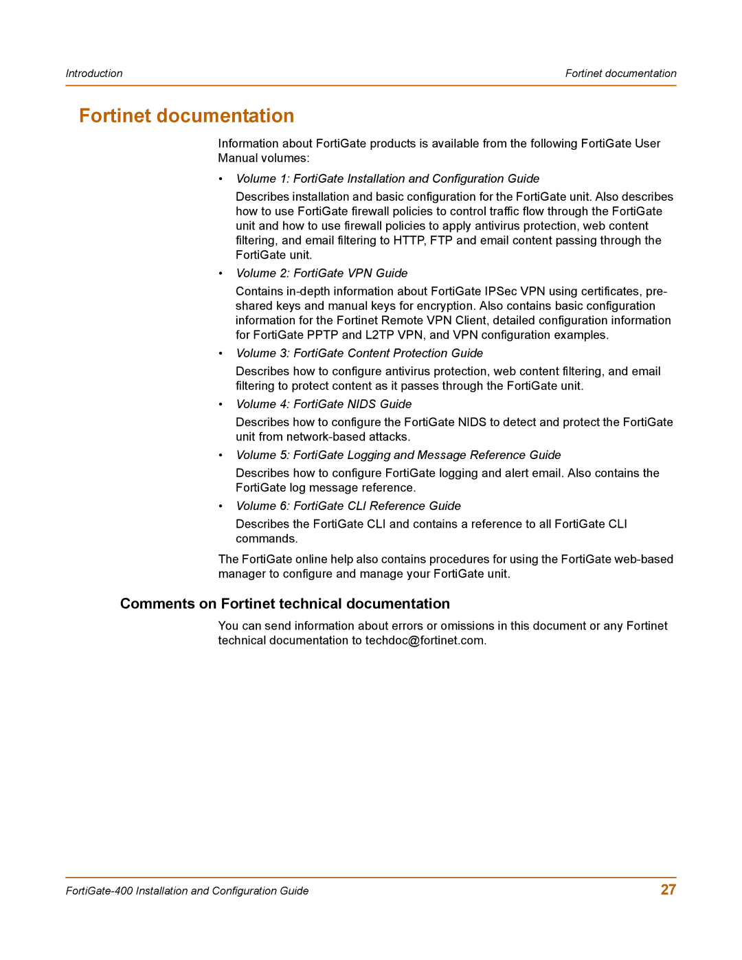 Fortinet 400 manual Fortinet documentation, Comments on Fortinet technical documentation 