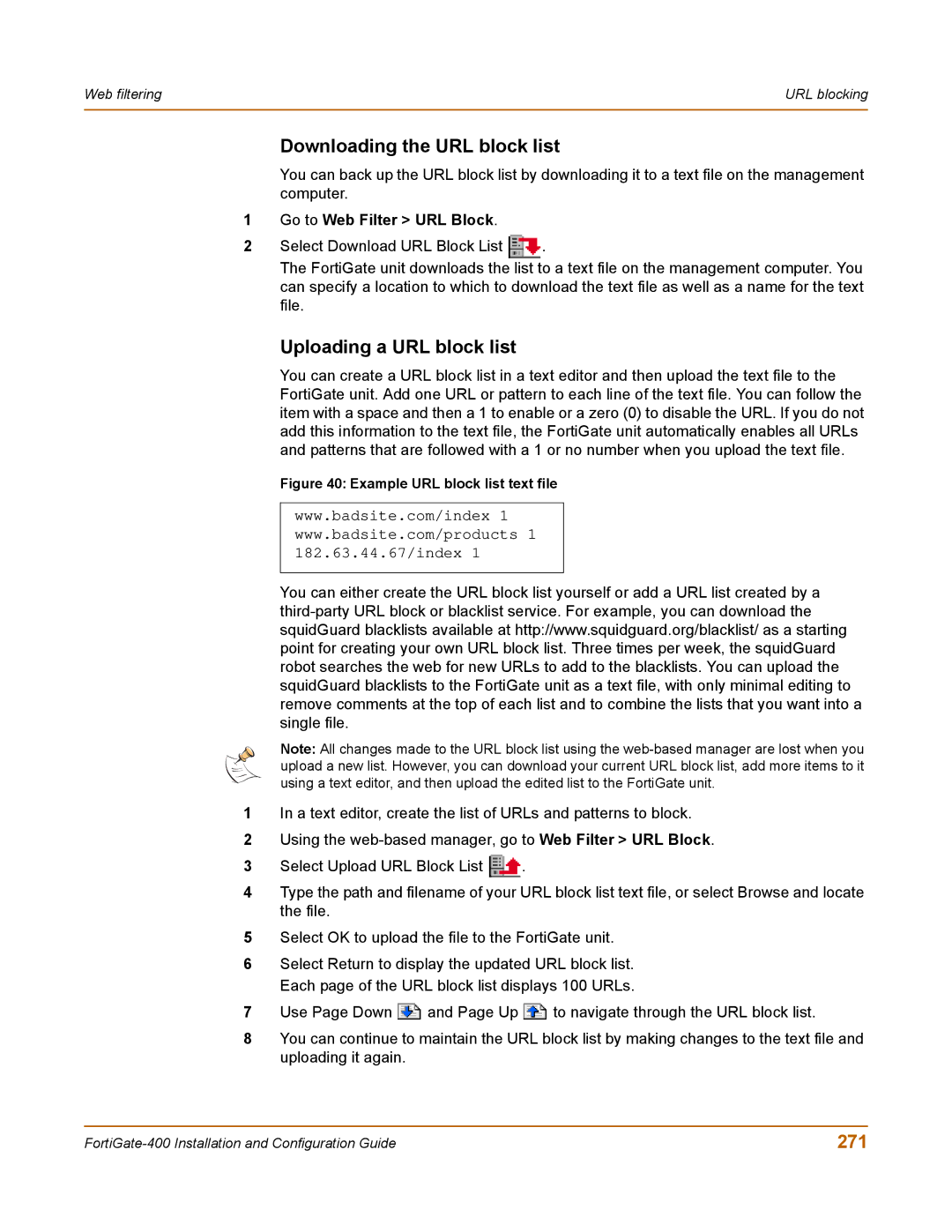 Fortinet 400 manual Downloading the URL block list, Uploading a URL block list, 271 