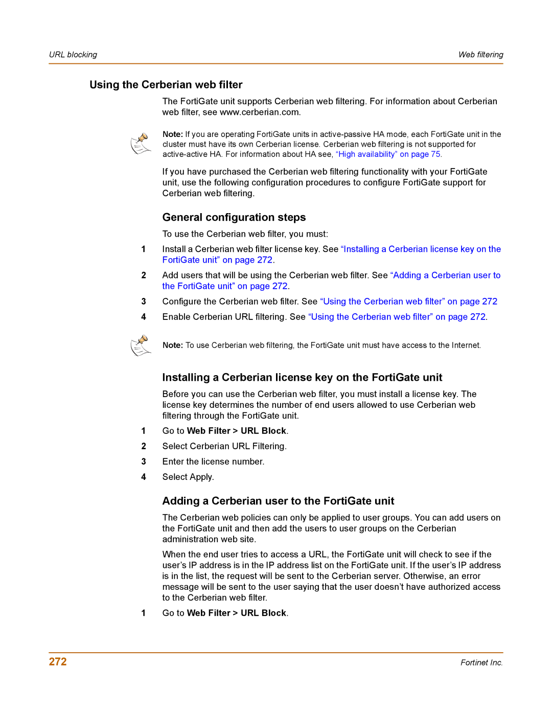 Fortinet 400 manual Using the Cerberian web filter, Installing a Cerberian license key on the FortiGate unit, 272 