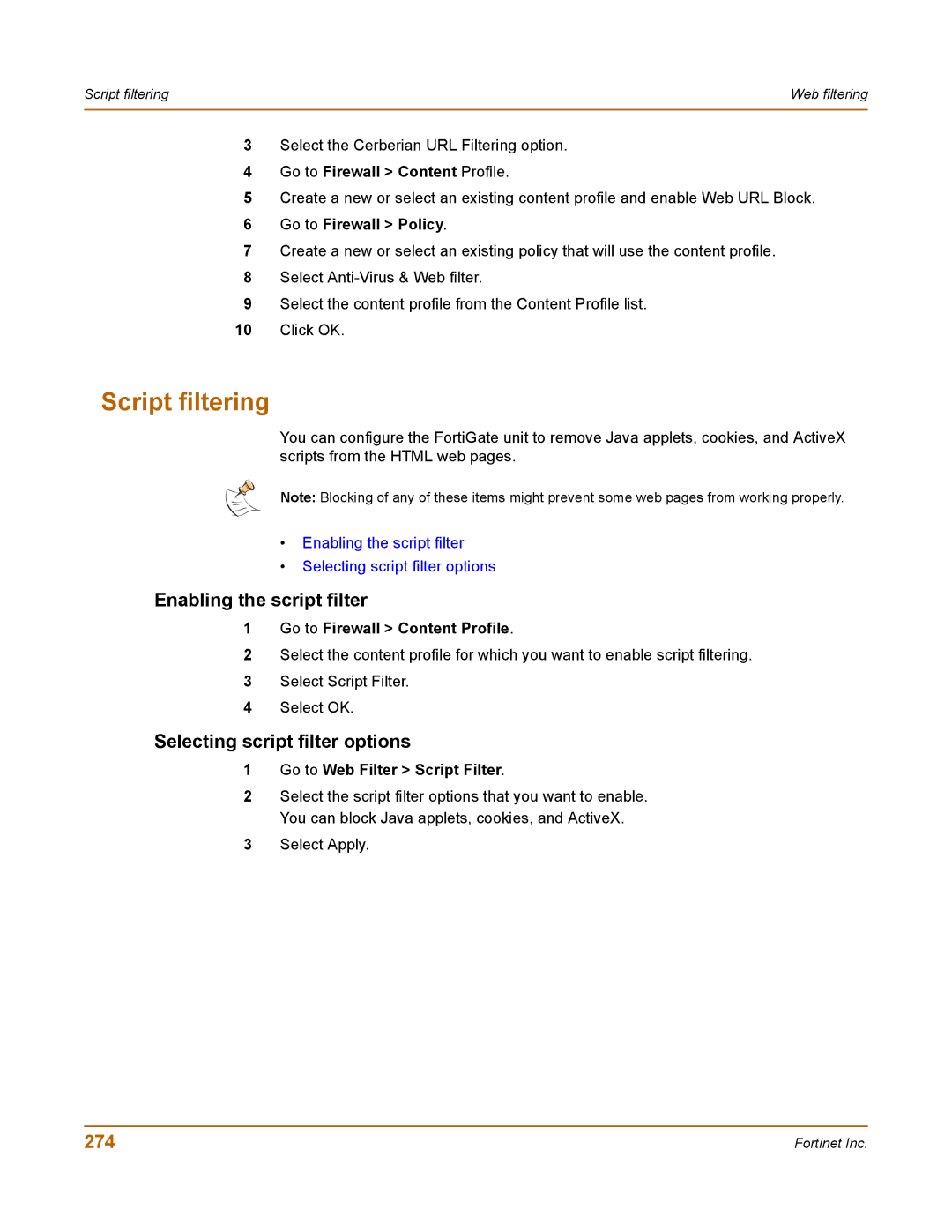 Fortinet 400 manual Script filtering, Enabling the script filter, Selecting script filter options, 274 