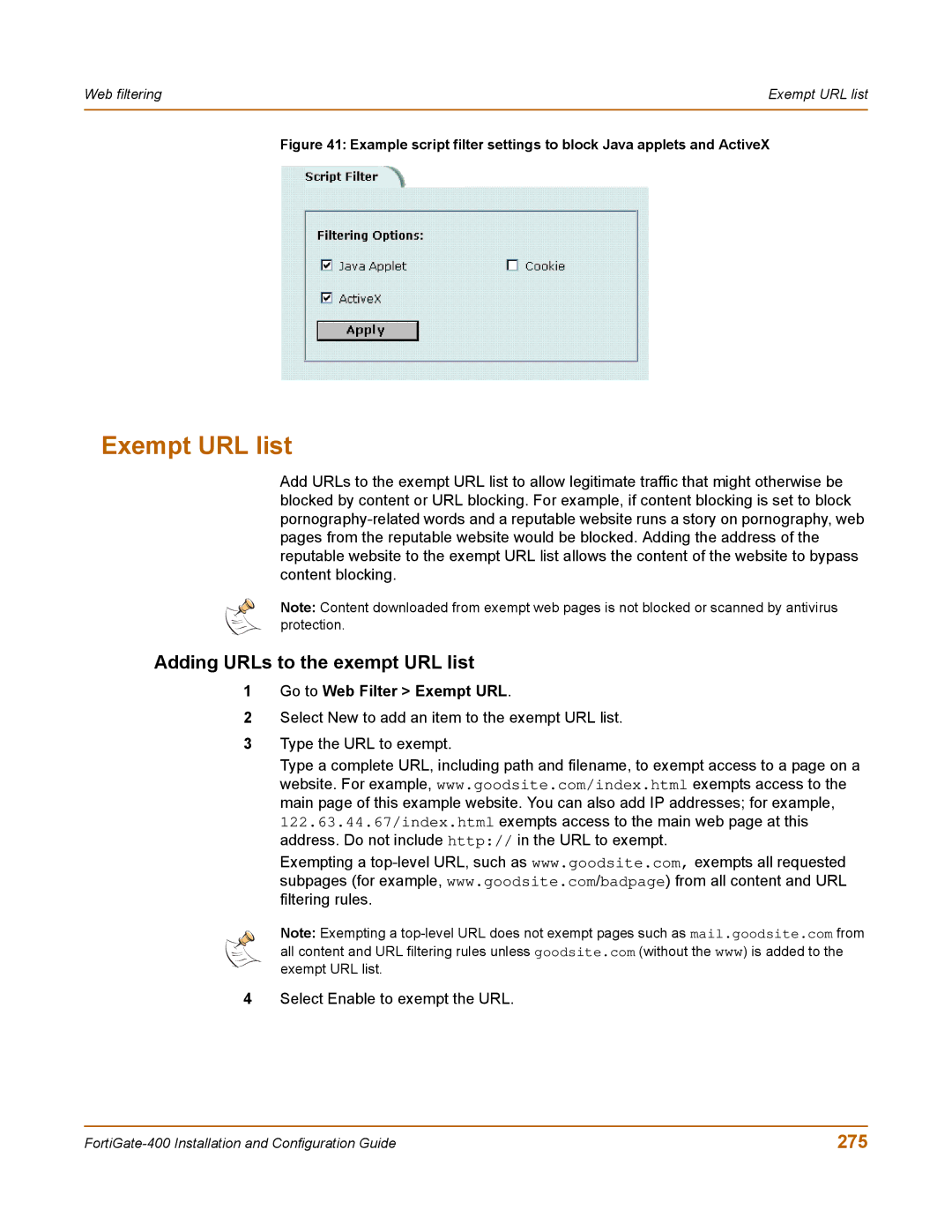 Fortinet 400 manual Exempt URL list, Adding URLs to the exempt URL list, 275, Go to Web Filter Exempt URL 