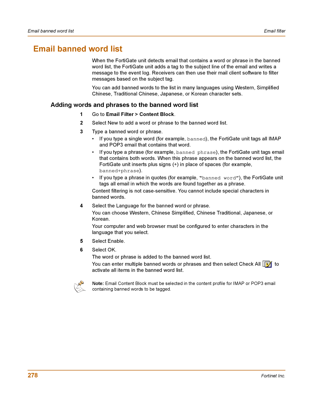 Fortinet 400 manual Email banned word list, 278, Go to Email Filter Content Block 