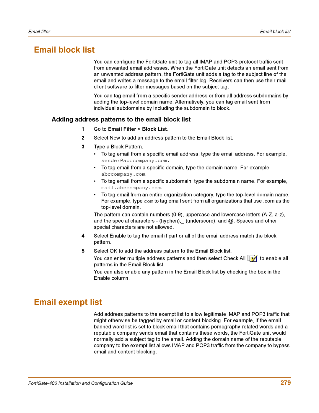 Fortinet 400 manual Email block list, Email exempt list, Adding address patterns to the email block list, 279 