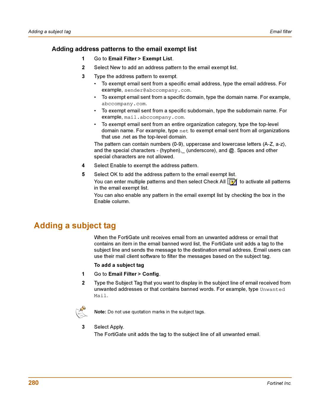 Fortinet 400 Adding a subject tag, Adding address patterns to the email exempt list, 280, Go to Email Filter Exempt List 