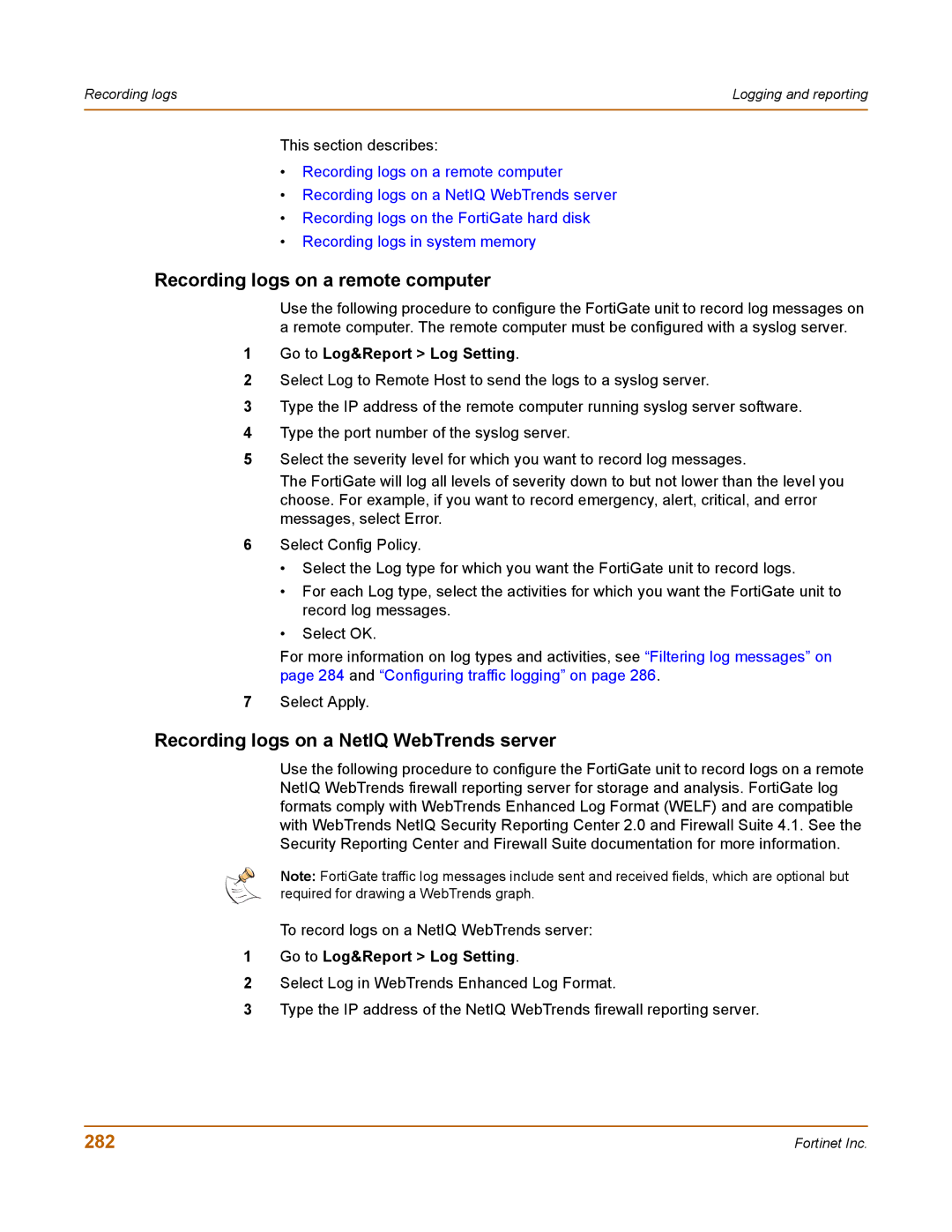 Fortinet 400 manual Recording logs on a remote computer, Recording logs on a NetIQ WebTrends server, 282 