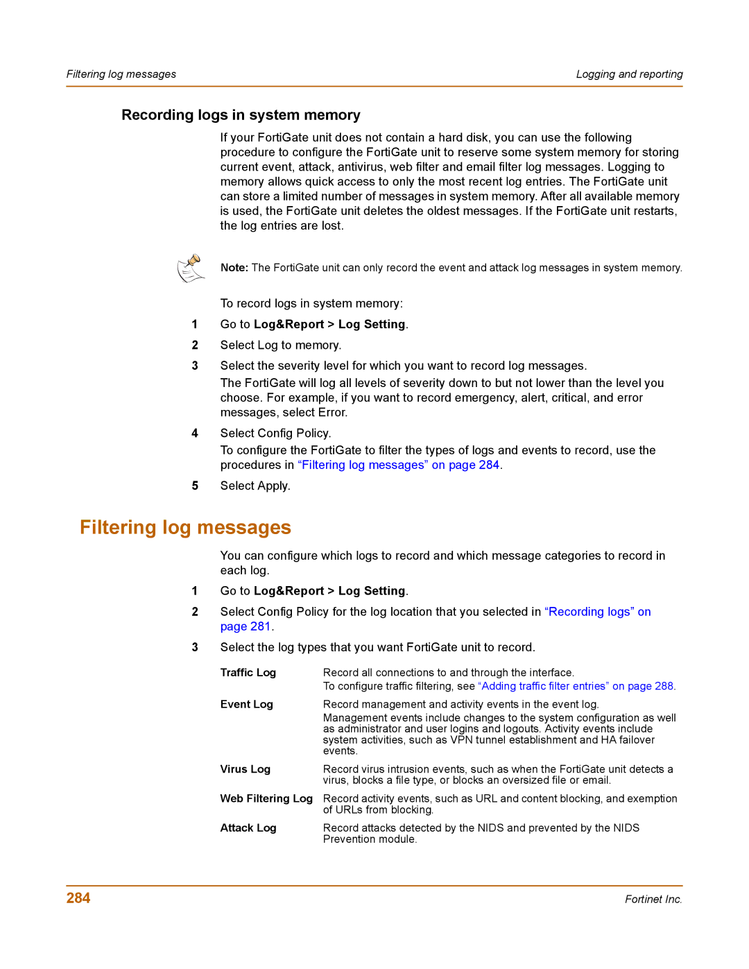 Fortinet 400 manual Filtering log messages, Recording logs in system memory, 284 