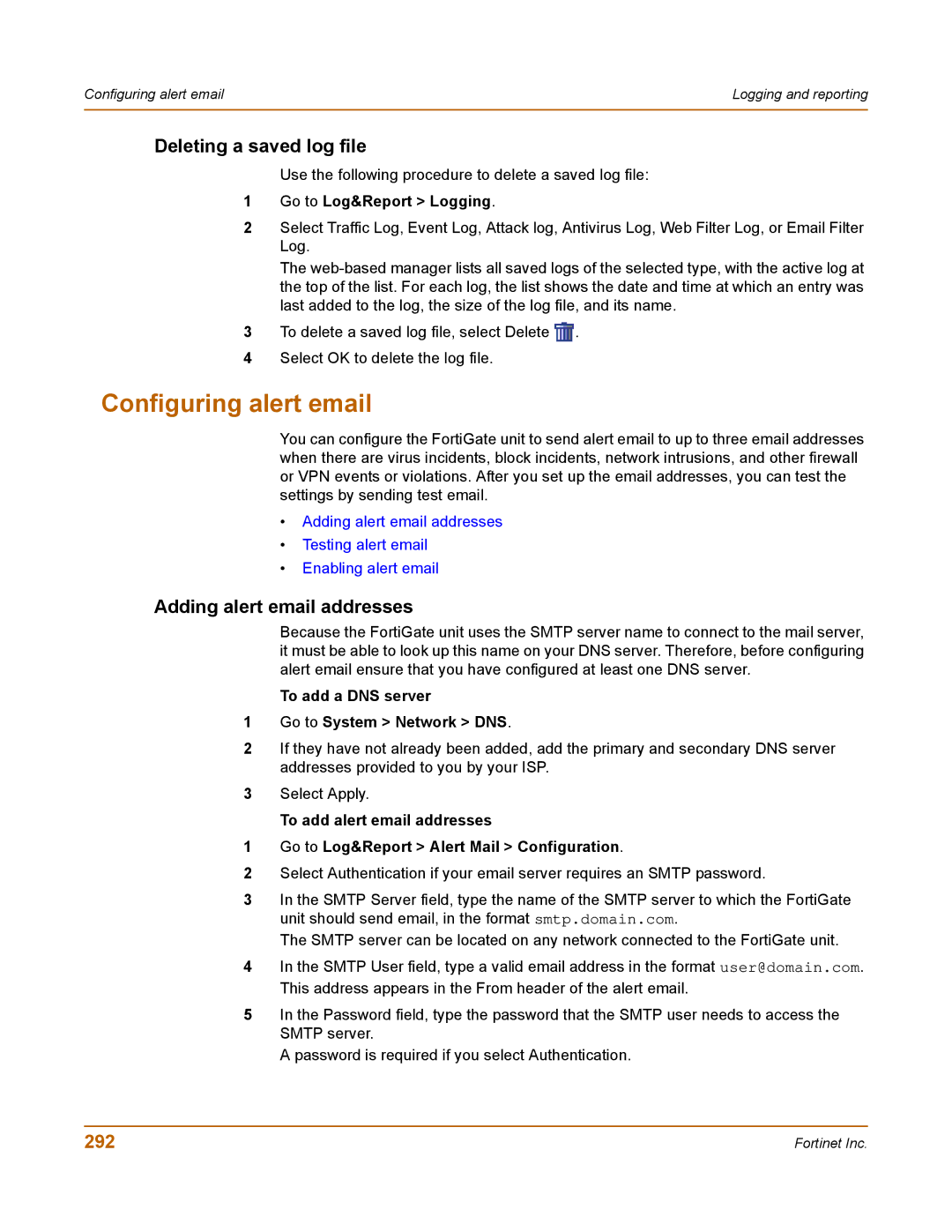 Fortinet 400 manual Configuring alert email, Deleting a saved log file, Adding alert email addresses, 292 