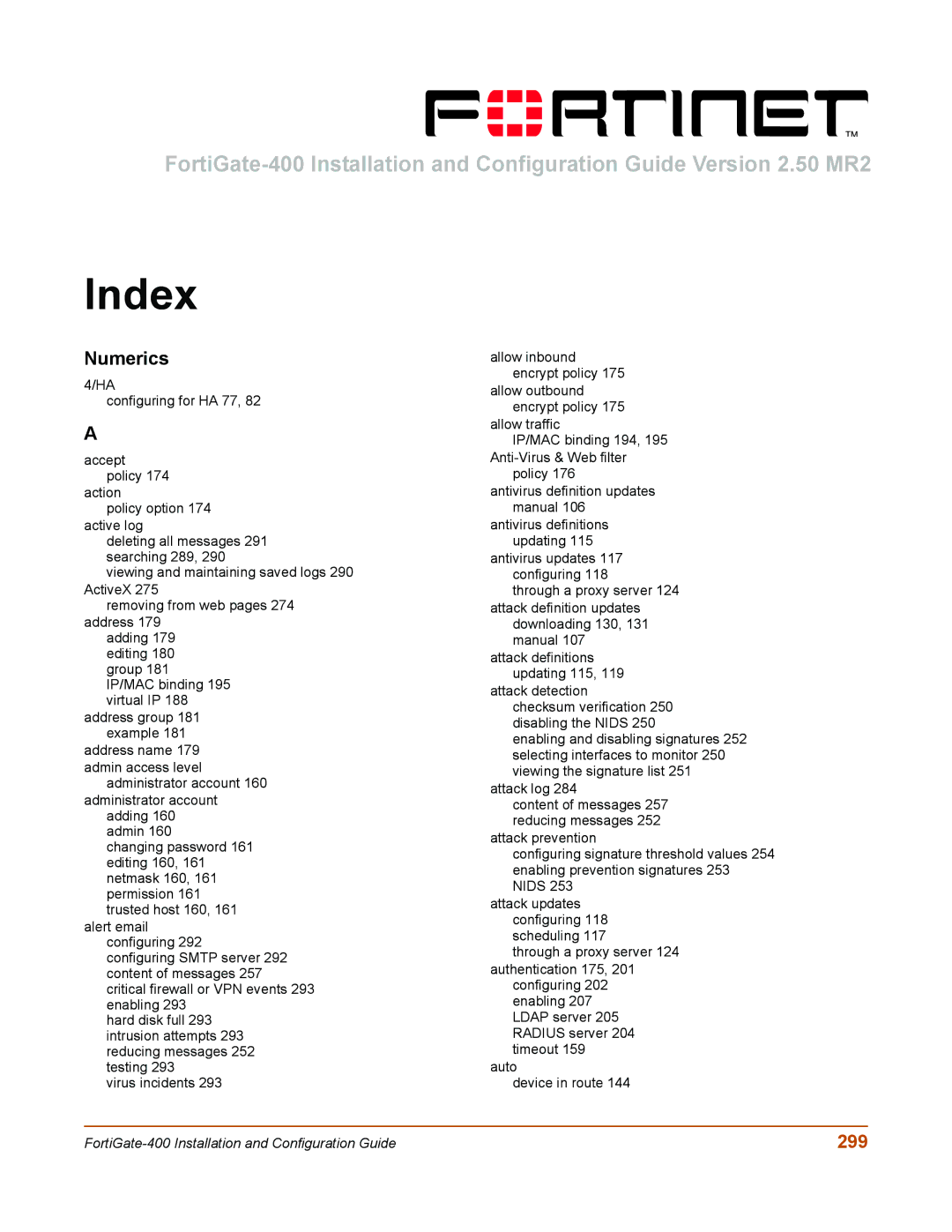 Fortinet 400 manual Index, Numerics, 299 