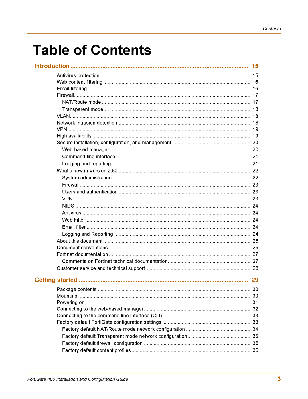 Fortinet 400 manual Table of Contents 