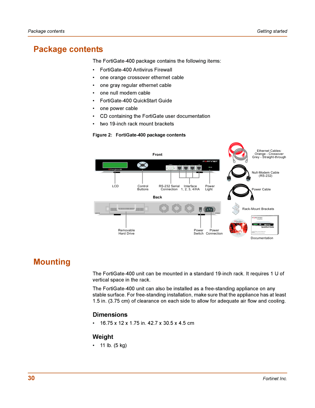 Fortinet 400 manual Package contents, Mounting 