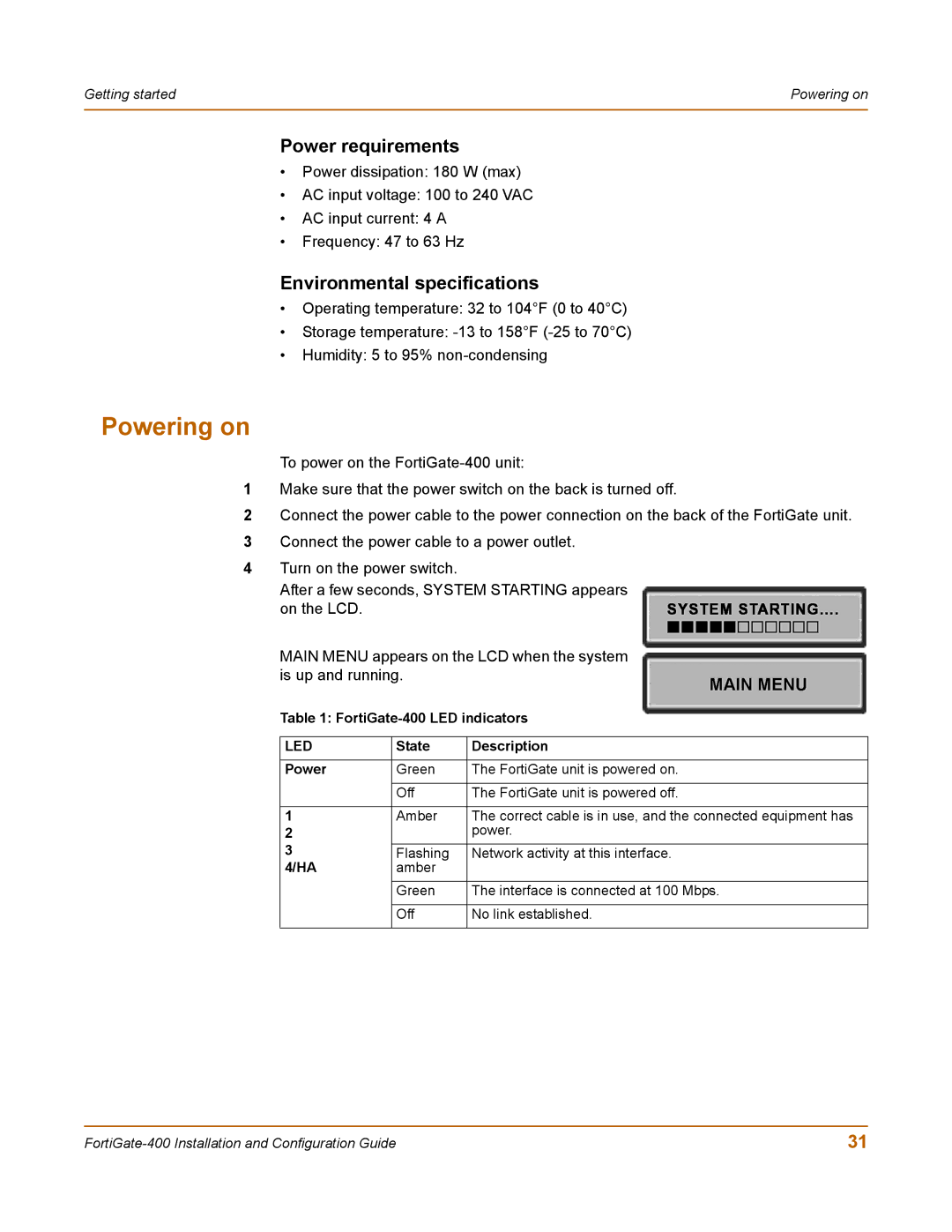 Fortinet manual Powering on, Power requirements, Environmental specifications, FortiGate-400 LED indicators 