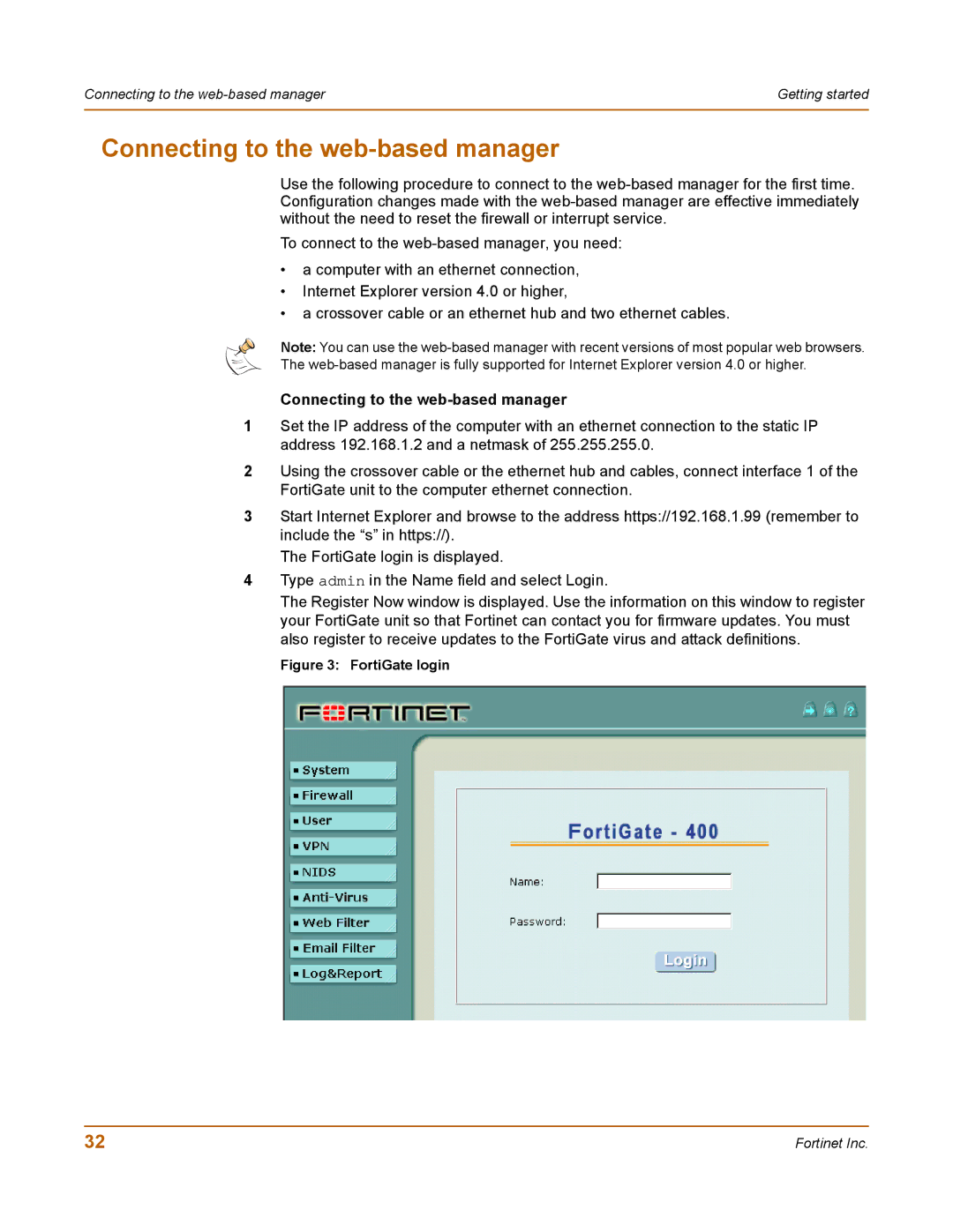 Fortinet 400 manual Connecting to the web-based manager 