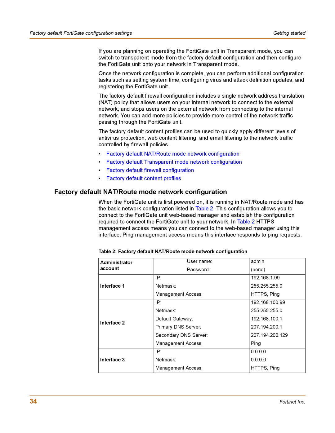 Fortinet 400 manual Factory default NAT/Route mode network configuration, Account, Interface 