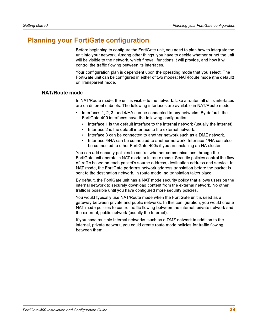 Fortinet 400 manual Planning your FortiGate configuration, NAT/Route mode 