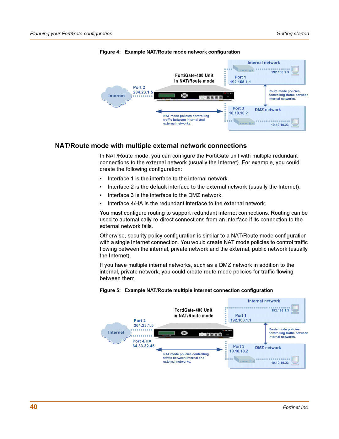 Fortinet 400 manual NAT/Route mode with multiple external network connections, Example NAT/Route mode network configuration 